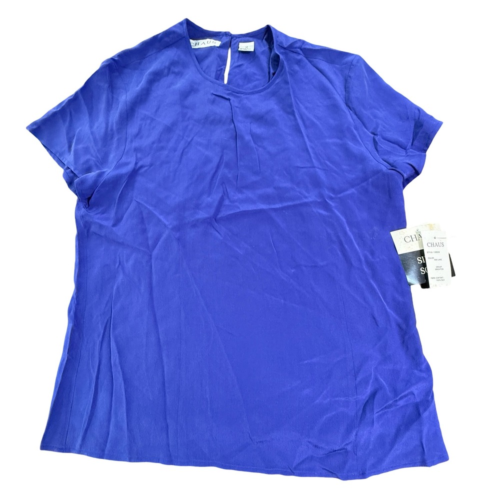 Chaus 100% Silk Vintage Short Sleeve Keyhole Back Top Women 12 Cobalt Blue NWT